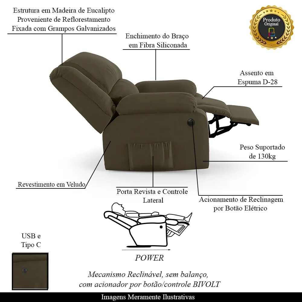 Poltrona do Papai Reclinável Sala de Cinema Madrid Power Elétrica USB Veludo Capuccino  G23
