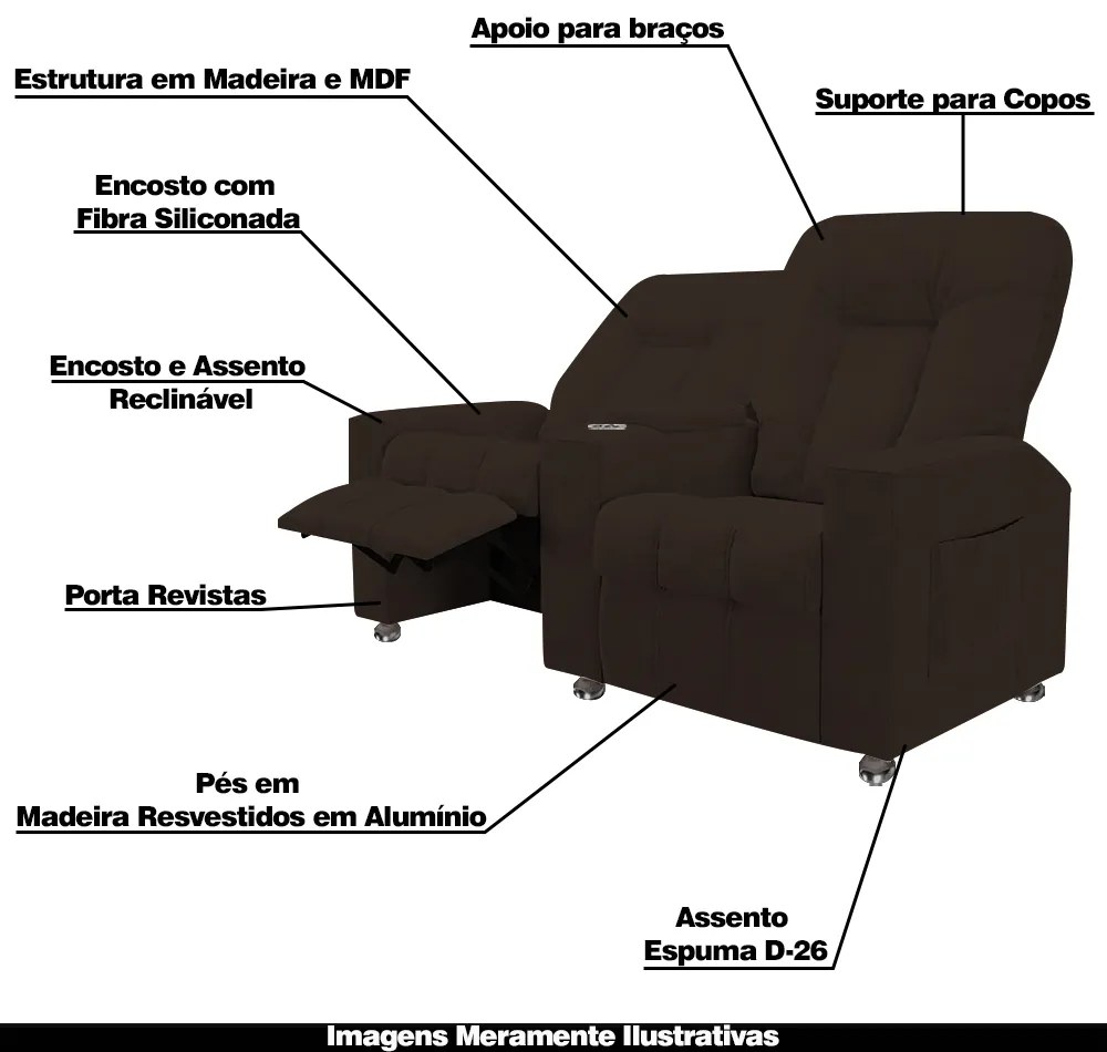 Poltrona Reclinável 2 Lugares para Sala de Cinema Pequim Veludo Marrom G23 - Gran Belo