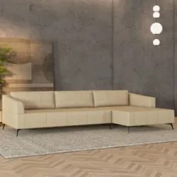 Sofá 5 Lugares 366cm Com Chaise Direito Eko Couro Bege Z55  - Mpozenat