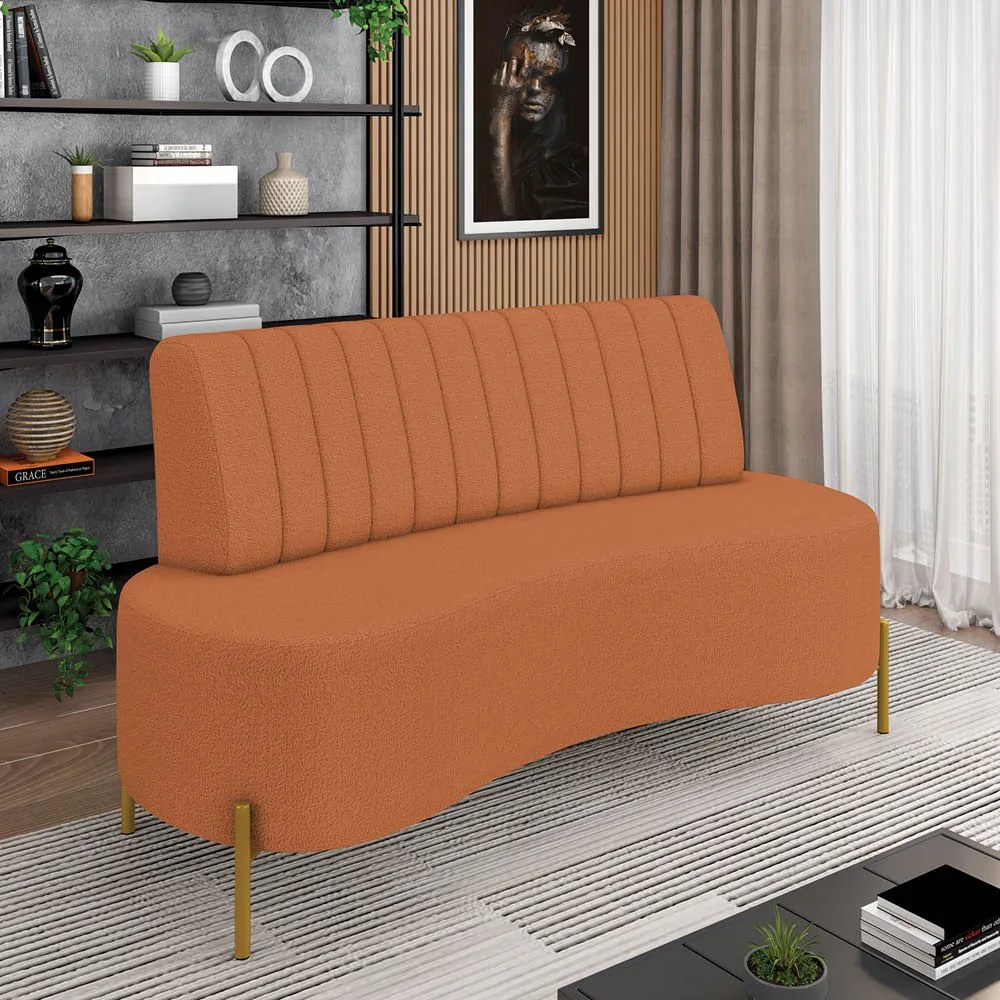 Sofá 2 Lugares Living 135cm Pé Ferro Dourado Maraú Bouclê K01 - D'Rossi - Mostarda