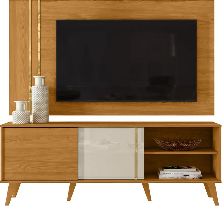 Conjunto Painel com Bancada Atreus Portas Deslizantes MDP até 60 Cinamomo/OffWhite G97 - Gran Belo