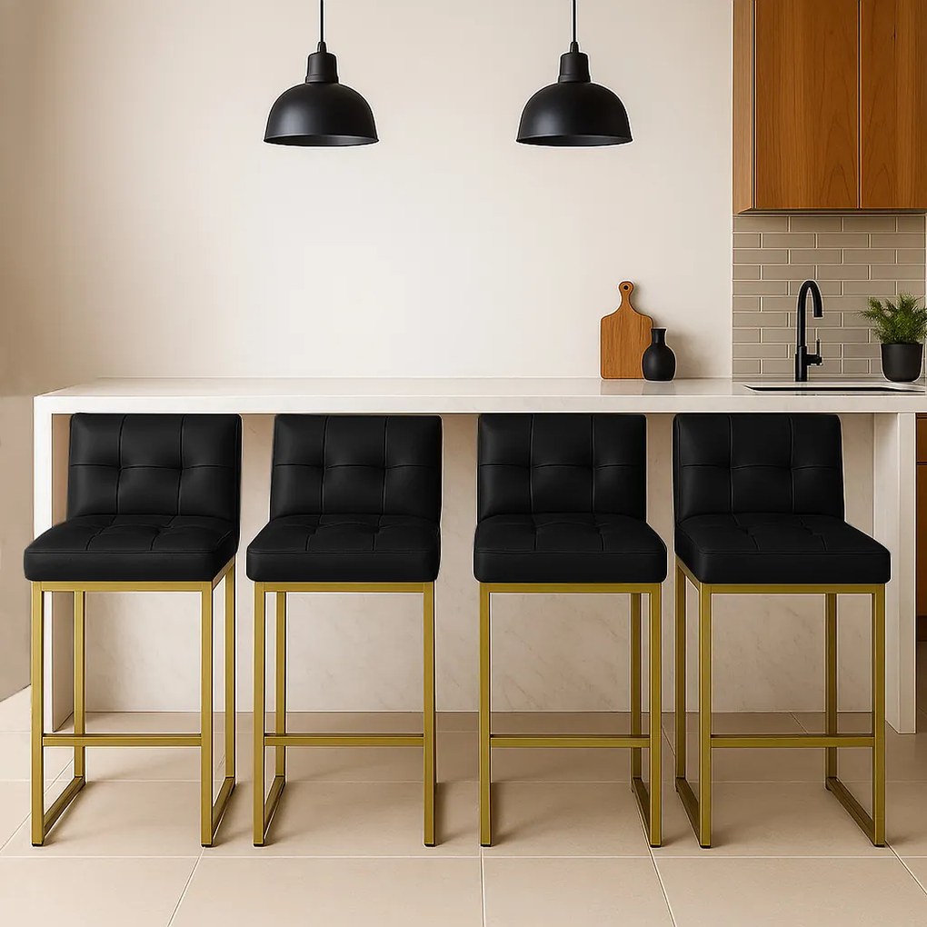 Banqueta Cozinha Alta com Encosto Industrial Kit 4 Dourado Lirina PU Preto C05 - D'Rossi