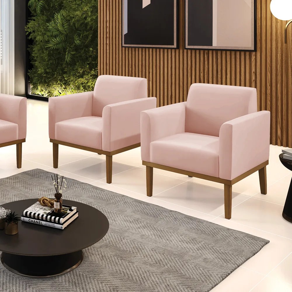 Kit 2 Poltronas Base de Madeira Fixa Castanho Marisa Veludo - Rose