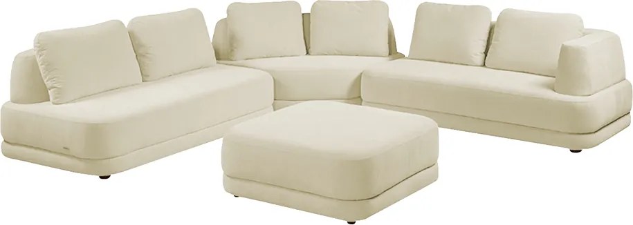 Sofá de Canto Modulado Vercelli 442cm com Almofadas Soltas e Puff Veludo Luxo Off White G92 - Gran Belo