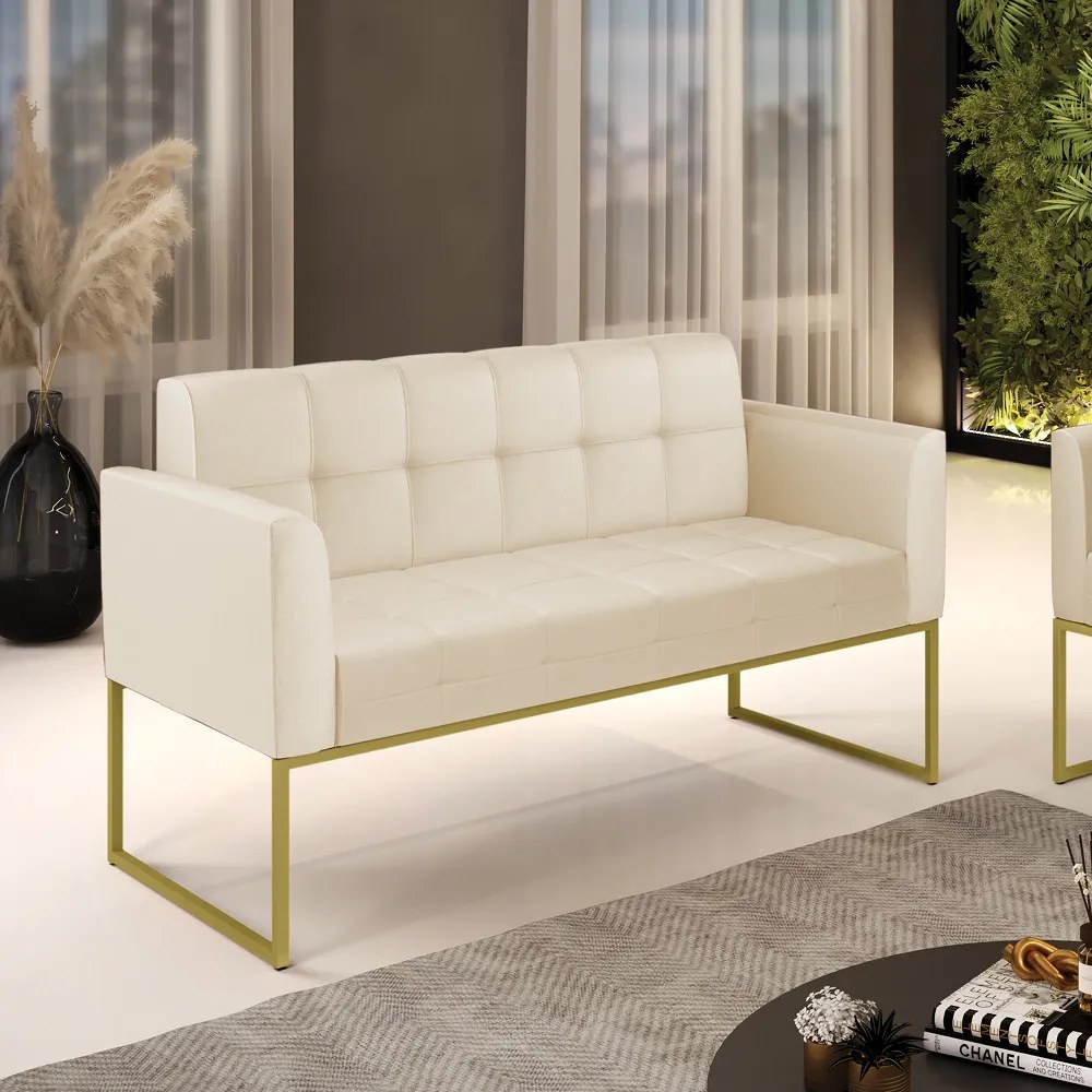 Sofá Namoradeira Elisa Corino Base Metálica Industrial Dourado - D'Rossi - Bege