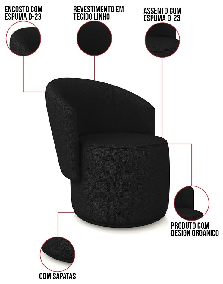 Poltrona e Puff Redondo Orgânico para Sala Malu Linho M11 - D'Rossi - Preto