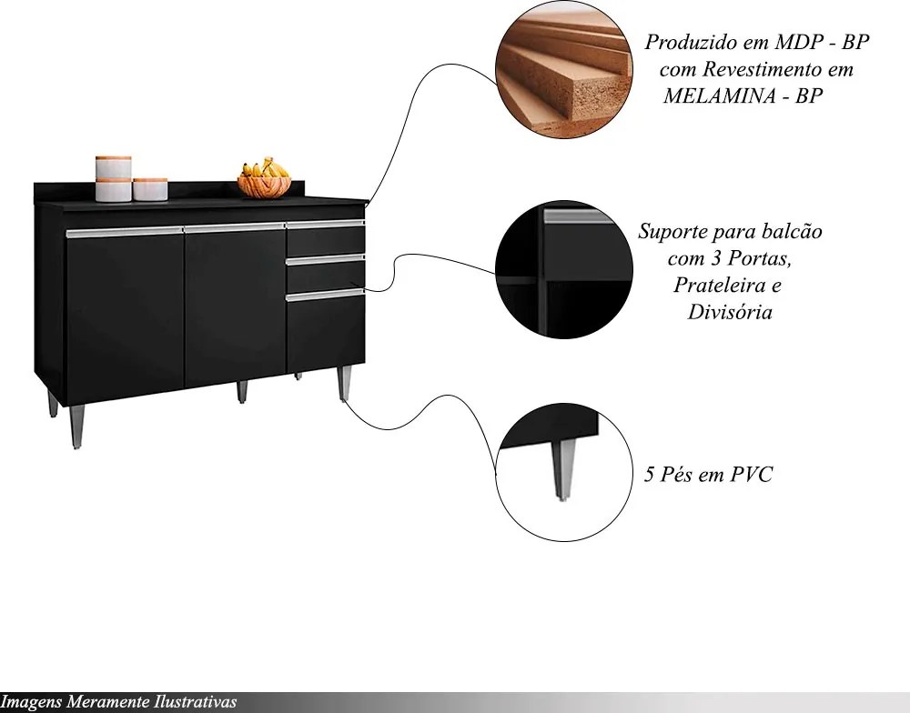 Conjunto Balcão de Cozinha com Tampo Pursat MDP/BP Preto G96 - Gran Belo