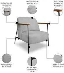 Poltrona para Sala Pés Metálicos Ellen S06 Boucle Cinza - Mpozenato