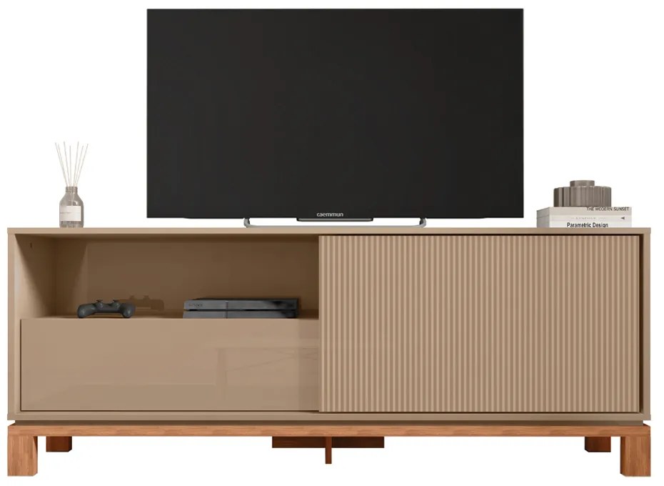 Bancada Átomo 150cm para TV até 55 com Porta de Correr Ripada e Gaveta MDP Sued/Freijo G11 -  Gran Belo