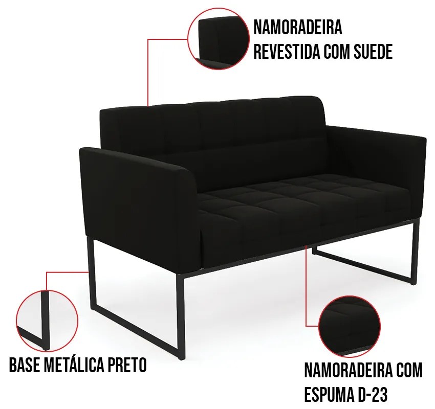 Kit 1 Sofá Namoradeira e 1 Poltrona Elisa Suede Preto Base Metálica Industrial Preto D03 - D'Rossi