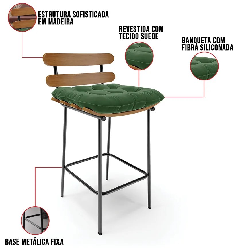 Banqueta Costela Suede Base Metálica Preto M11 - D'Rossi - Verde
