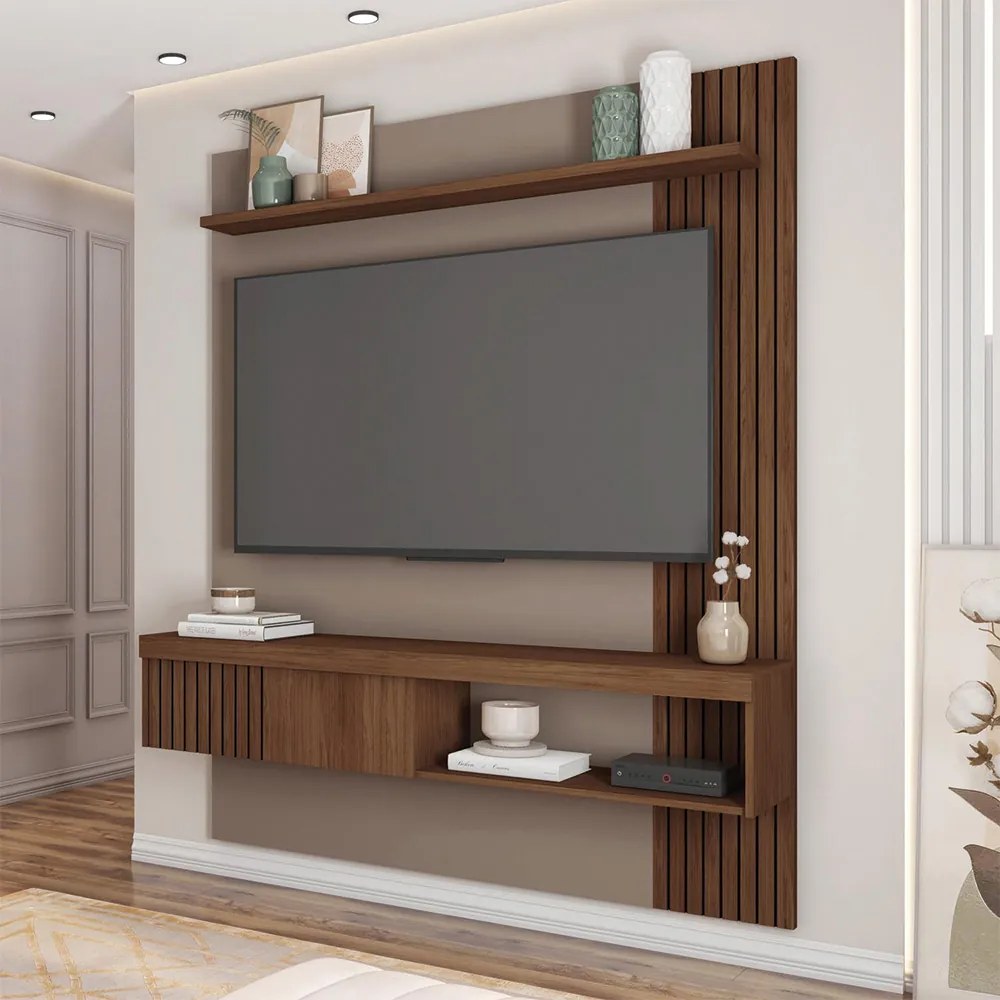 Painel Selina Ripado 150cm para TV até 55 com Porta de Correr e Prateleira MDP Fendi/Havana G11 - Gran Belo