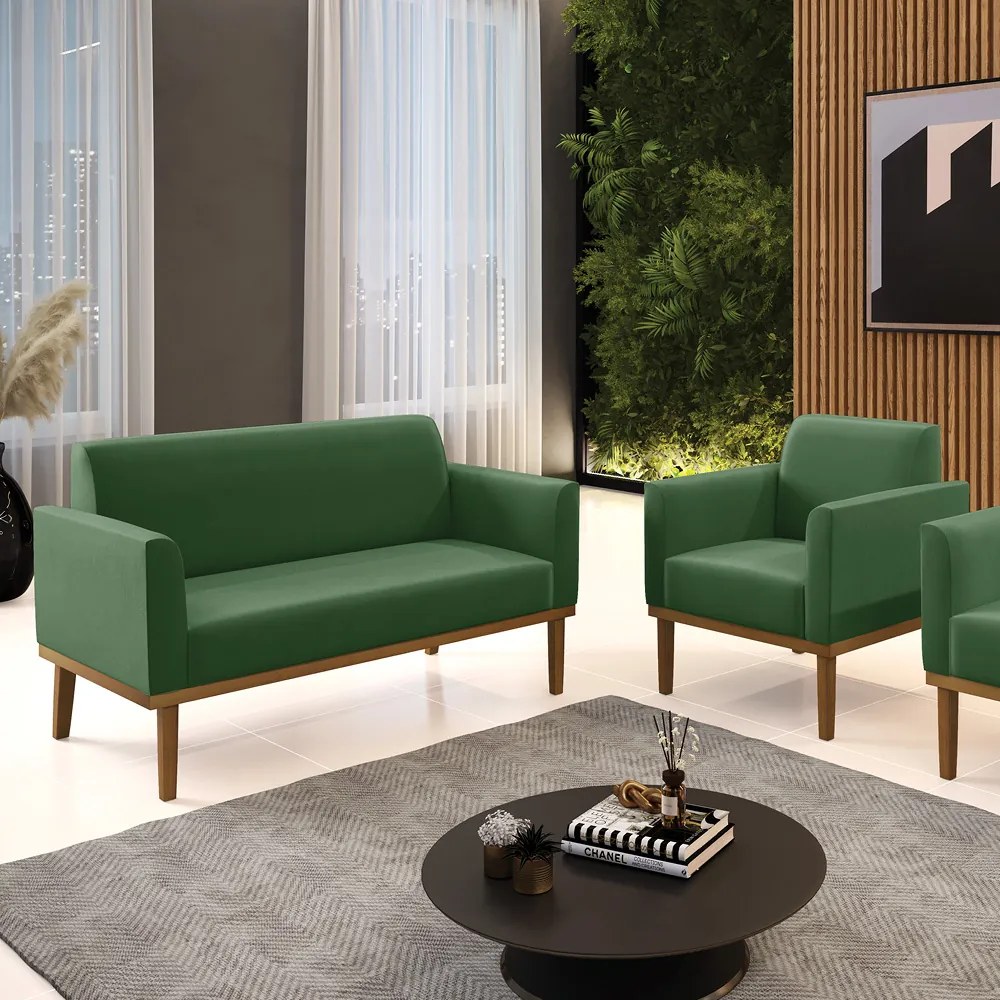 Sofá Namoradeira com Poltrona Base de Madeira Fixa Castanho Marisa Suede D03 - DRossi - Verde