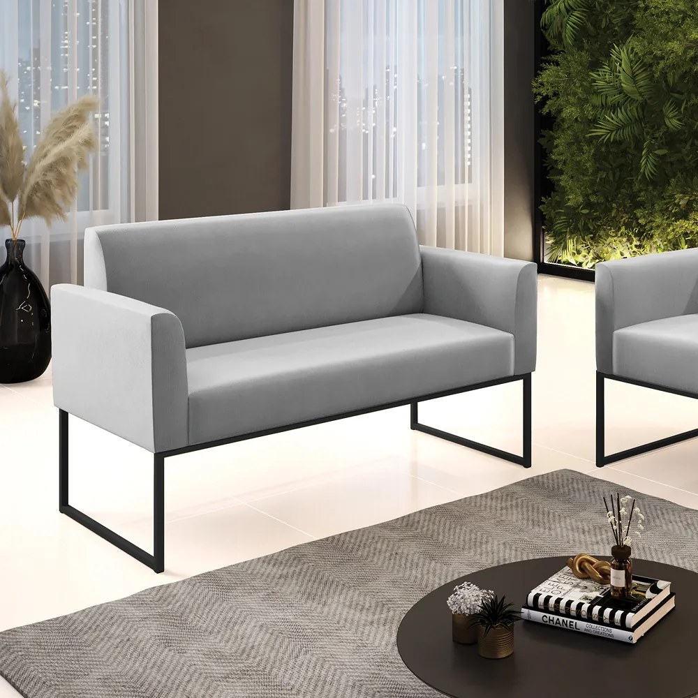 Sofá Namoradeira Base Industrial Preto Marisa Suede D03 - D'Rossi - Cinza