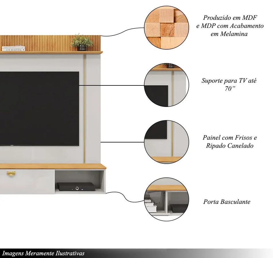 Painel Decorativo para TV 70" Vittar Ripado Canelado Porta Basculante Bali/Cedro G18 - Gran Belo