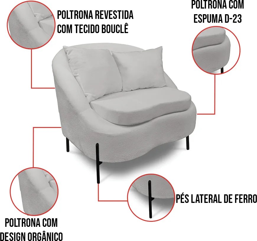 Poltrona Decorativa Orgânica Pé de Metal Preto Kit 2 Zaya Bouclê C05 - D'Rossi - Cinza