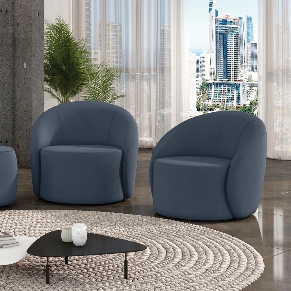 Poltrona Decorativa Orgânica Giratória Kit 2 Lua Suede D03 - D'Rossi - Azul Marinho