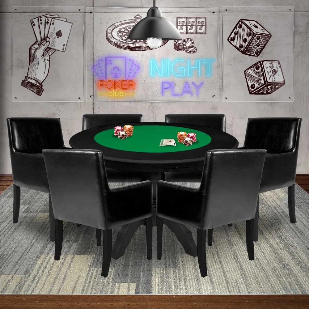Mesa de Jogos Carteado Redonda Montreal Tampo Reversível Preto com 6 Cadeiras Liverpool PU Sintético Preto Liso G36 G15 - Gran Belo