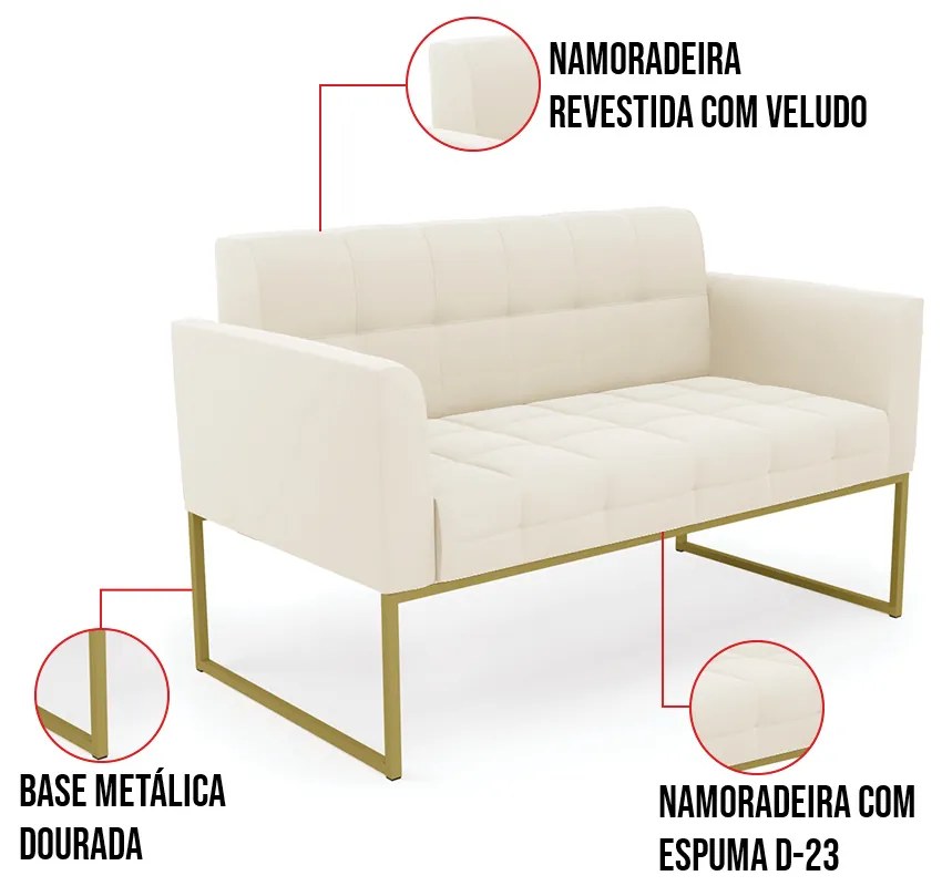 Kit 1 Sofá Namoradeira e 2 Poltronas Elisa Veludo Base Metálica Industrial Dourado D03 - D'Rossi - Bege