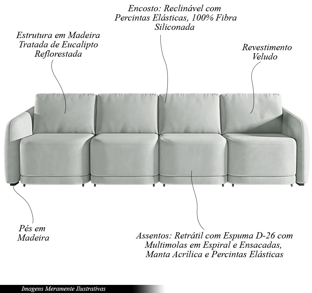 Sofá Cama Modulado Retrátil e Reclinável Decorativo Varsóvia 356cm Veludo Cinza G33 - Gran Belo