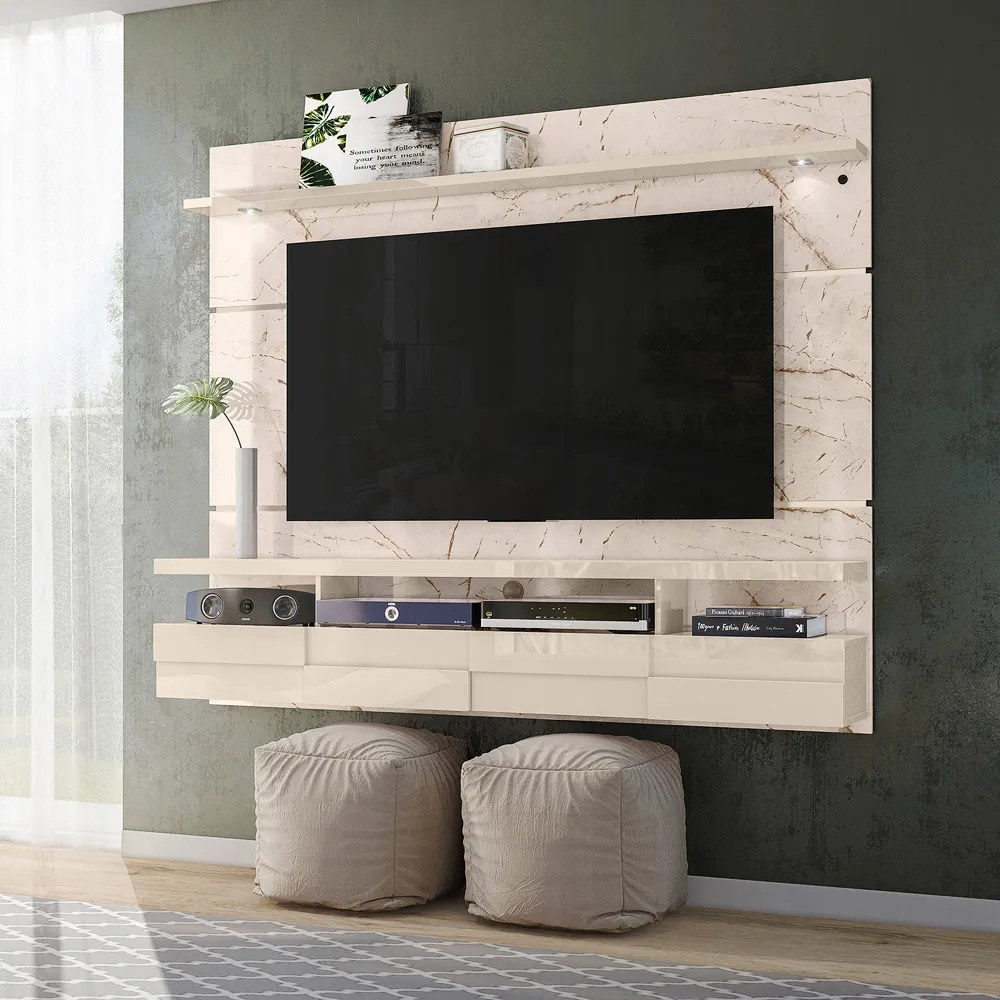 Painel TV 60 Pol 182cm Bancada Suspensa para Sala Quelen Calacata/Off White M20 - D'Rossi