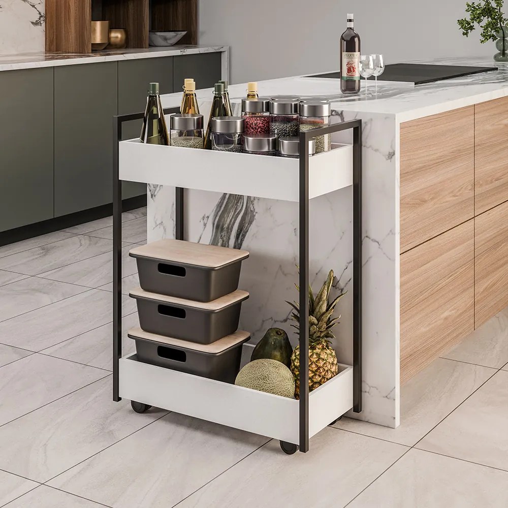 Carrinho Gourmet Auxiliar para Cozinha 2 Prateleiras Noah Preto M13 - D'Rossi - Branco