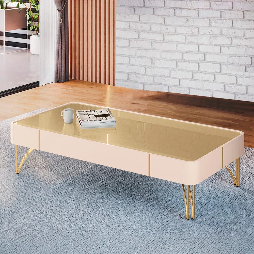Mesa de Centro Rennes Decorativa MDP/MDF Pés de Aço Off White/Champagne G26 - Gran Belo