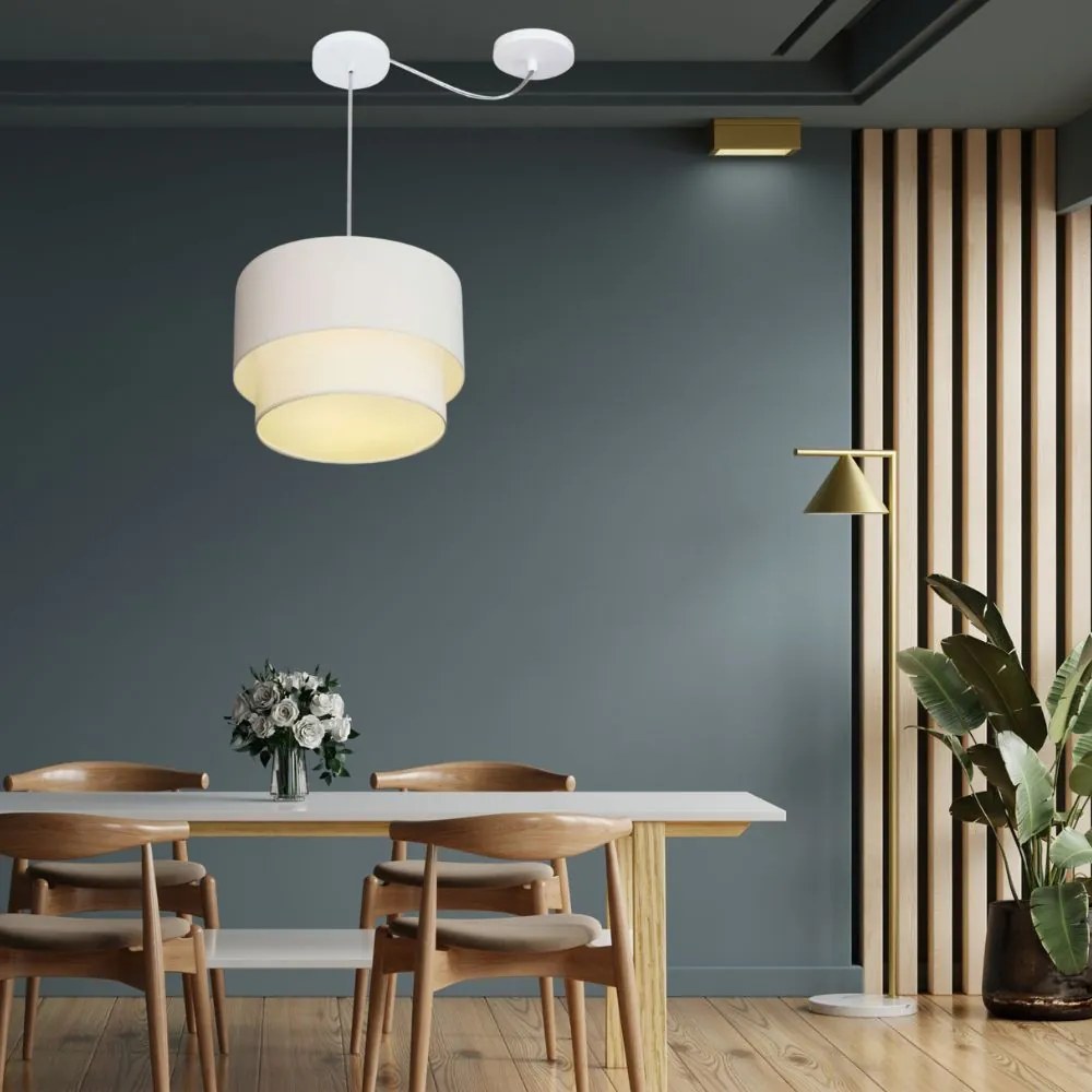 Lustre Pendente Cilíndrico Com Desvio Branco MJ-4362 Para Mesa de Jantar e Estar