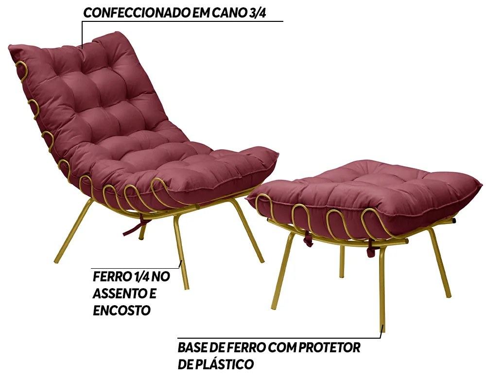 Conjunto Decorativo Poltrona e Puff Abel Base de Ferro Dourada Suede Bordô G41 - Gran Belo