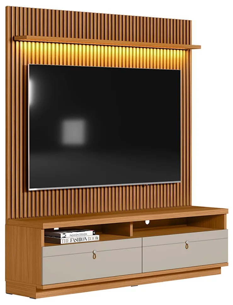 Painel para TV até 75 Polegadas Ripado Betina com Rack Nature e Off White 180x198 cm L04 - D'Rossi