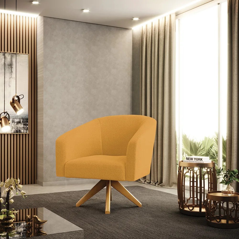 Poltrona Sala Decorativa Giratória Madeira Stella Bouclê D03 - D'Rossi - Mostarda