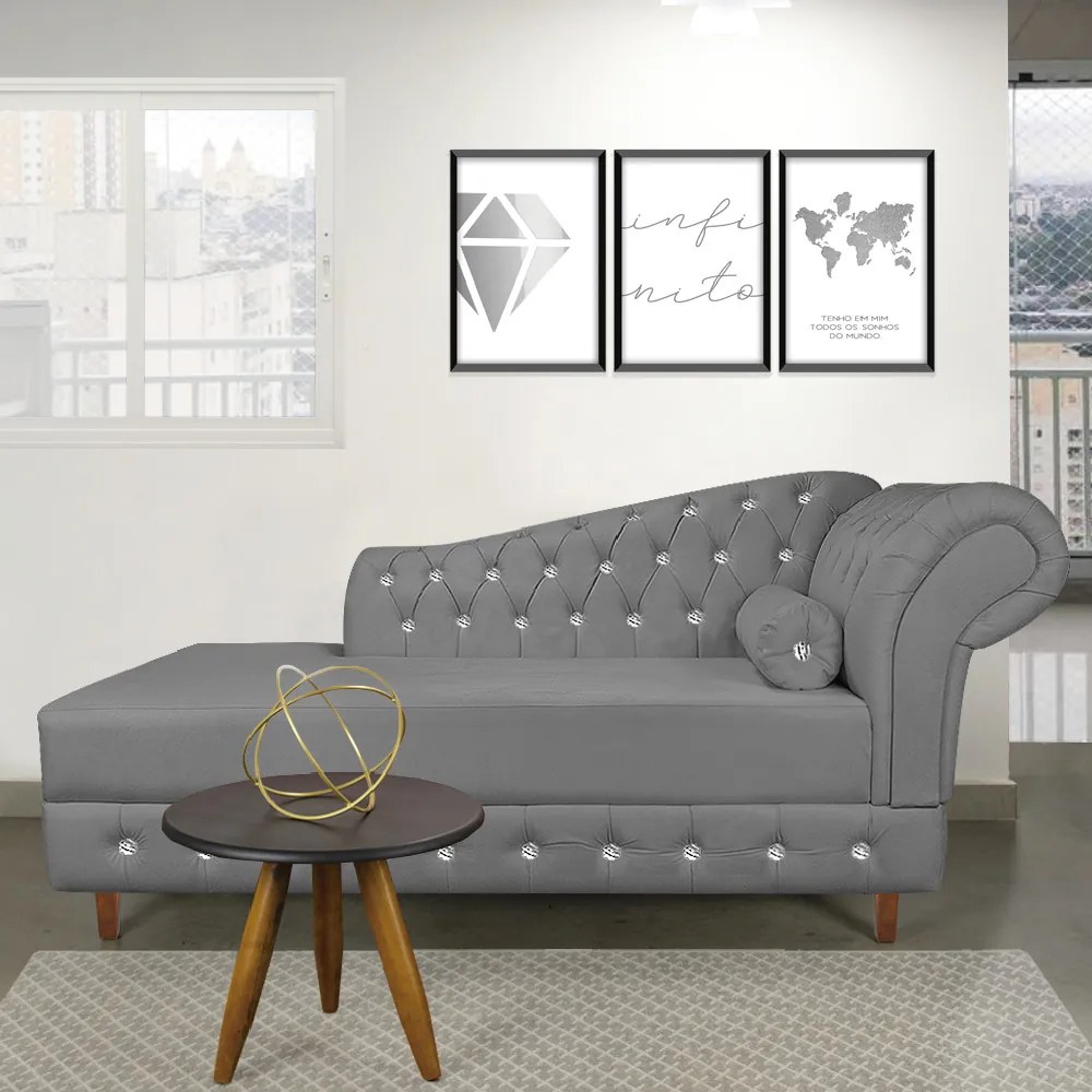 Divã Chesterfield 165 cm Capitonado com Strass Suede D'Rossi - Grafite
