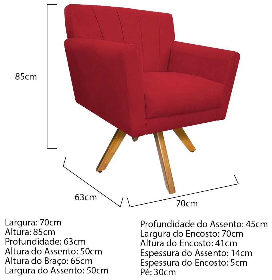 Poltrona Laura Base Giratória de Madeira Suede Vermelho - ADJ Decor