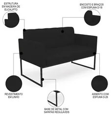 Sofá Namoradeira e 2 Poltronas Base Industrial Preto Ana Linho Preto -