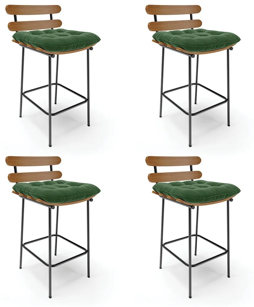 Kit 04 Banquetas Costela Suede Verde Base Metálica Preto - D'Rossi