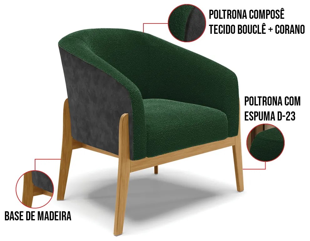 Poltrona Decorativa Base Madeira Kit 2 Stella PU Preto/Blouclê D03 - D'Rossi - Verde
