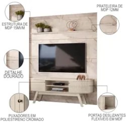 Painel para TV 75 Pol com Rack Bancada 208cm Luna Z10 Calacata/Off Whi