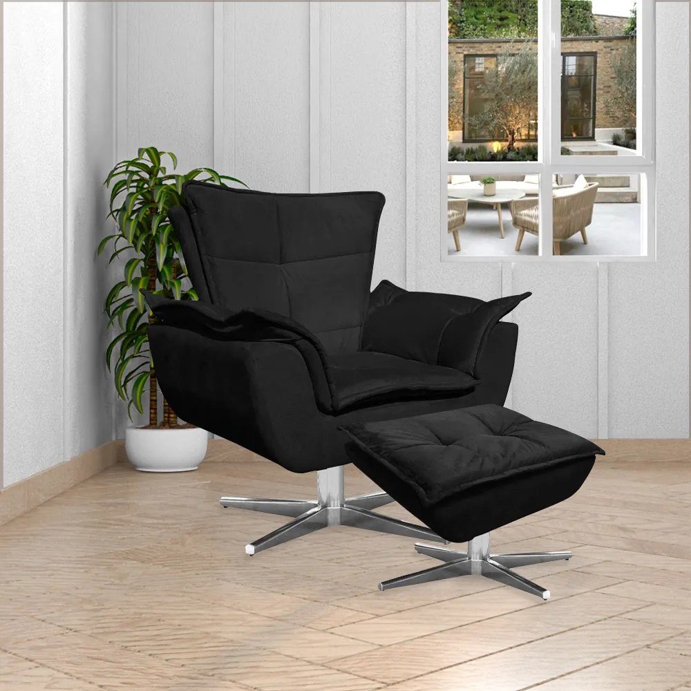 Poltrona Decorativa Base Giratória Cromada Charger Suede Preto G19 - Gran Belo