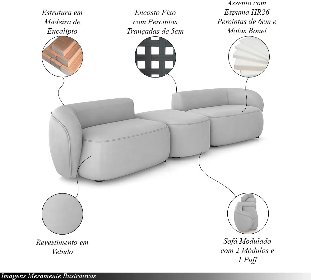 Sofá Versátil Sala de Estar Egito 342cm Modulado Veludo Cinza G52 - Gran Belo
