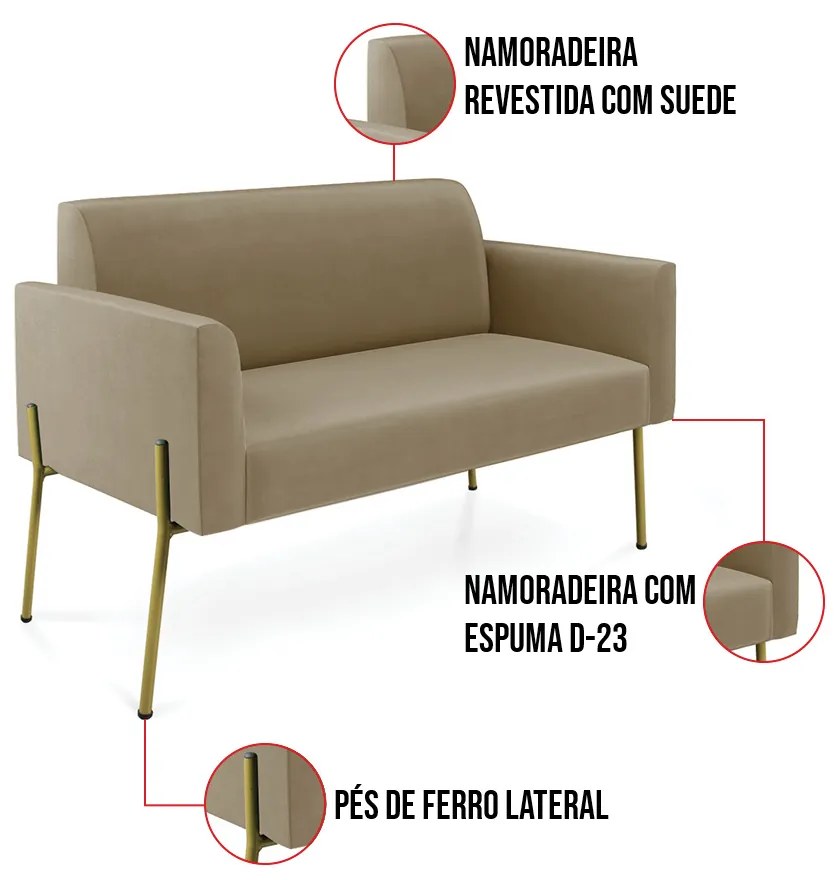 Sofá Namoradeira e Poltrona Pé de Ferro Dourado Marisa Suede D03 - D'Rossi - Marrom Rato