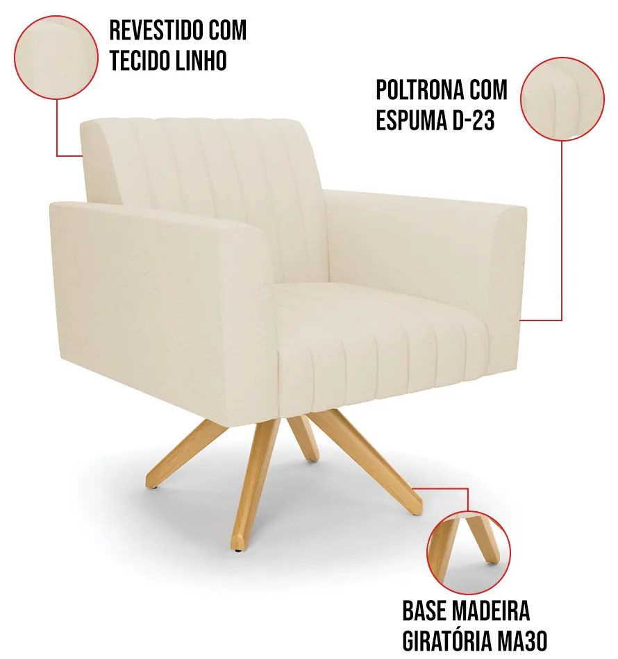 Poltrona Giratória Viena Gomada Linho Base de Madeira MA30 D03 - D'Rossi - A19 Bege