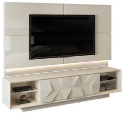 Rack Bancada com Painel TV até 75 Pol. Gavetas 3D Pirâmide Colone Crem