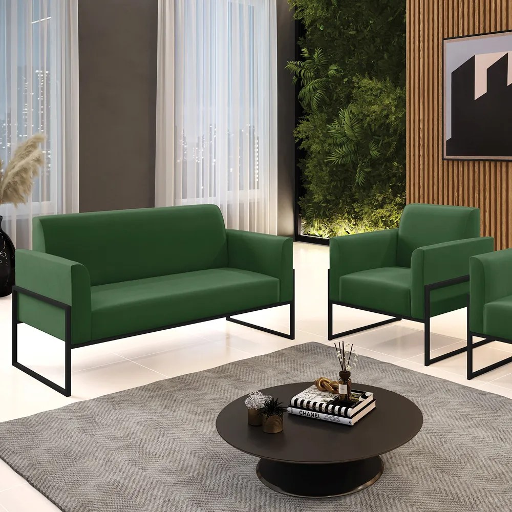 Sofá Namoradeira com Poltrona Base Industrial Alta Preto Marisa Suede D03 - D'Rossi - Verde
