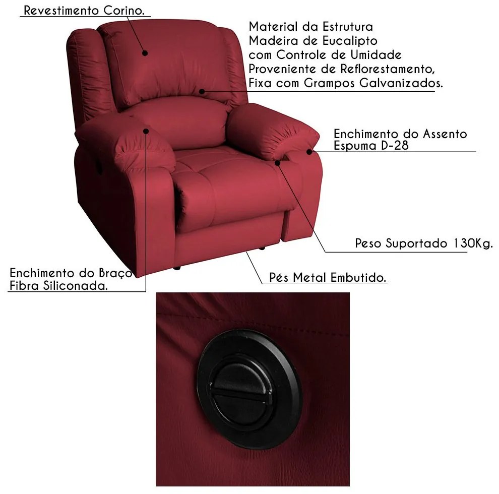 Poltrona do Papai Reclinável Elétrica Magnum PU Sintético Vermelho G23 - Gran Belo