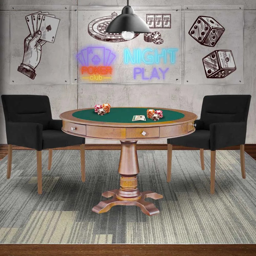 Mesa de Jogos Carteado Victoria Redonda Tampo Reversível Amêndoa com Kit 2 Cadeiras Vicenza Preto Fosco G36 G15 - Gran Belo