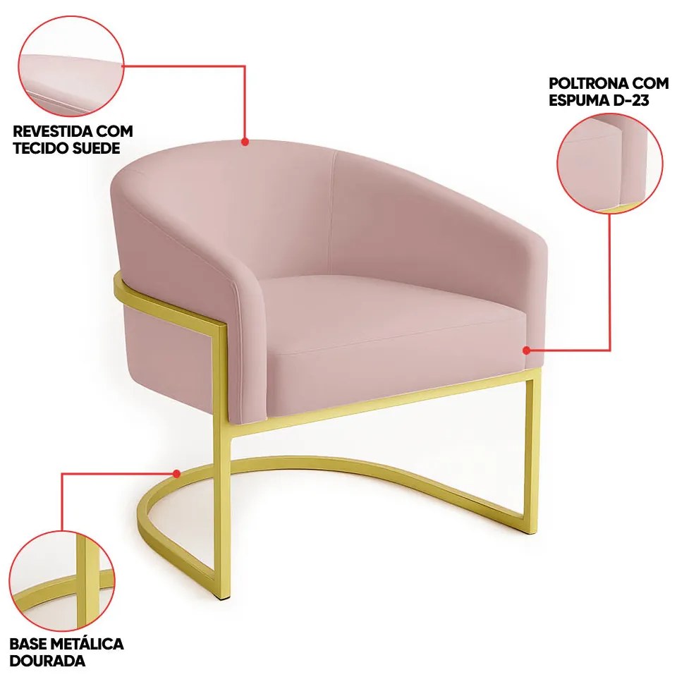 Poltrona Sala Decorativa Industrial Dourada Kit 2 Arielle Veludo D03 - D'Rossi - Rose