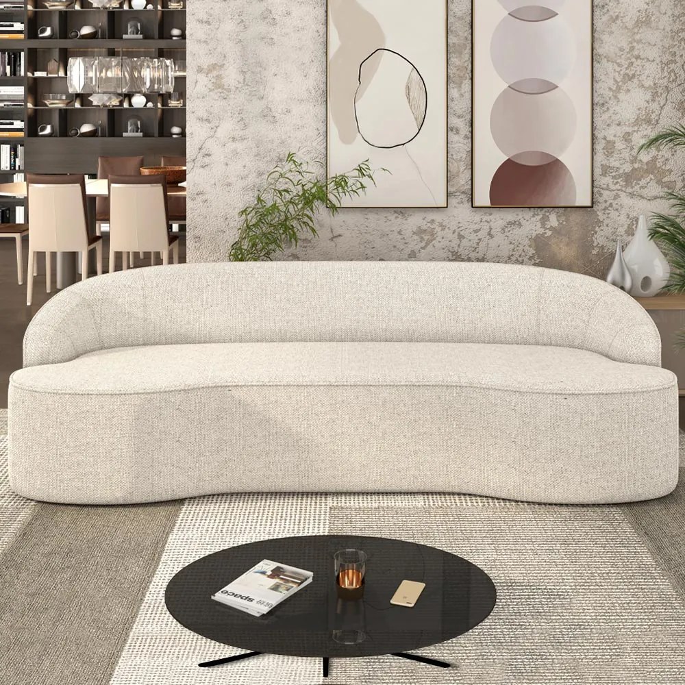 Sofá Decorativo 3 Lugares 210cm Joel Curvo com Encosto Linho Bege G15 - Gran Belo