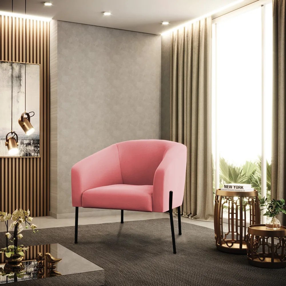 Poltrona Sala Decorativa Pé de Ferro Preto Kit 2 Stella Suede D03 - D'Rossi - Rose