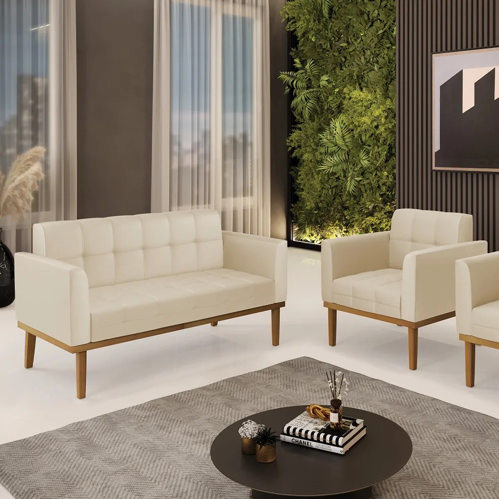 Conjunto Poltrona e Namoradeira Decorativas Karen Pés Fixo em Madeira Castanho PU Bege G19 - Gran Belo