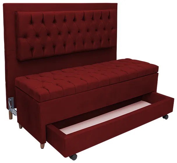 Cabeceira com Calçadeira Baú Casal 140cm Paris Capitonê Suede Bordô - Sheep Estofados - Vermelho escuro